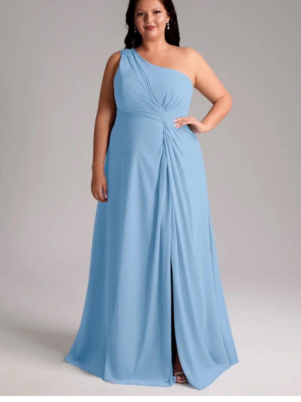 One-Shoulder Light Blue Plus-Size Evening Gown